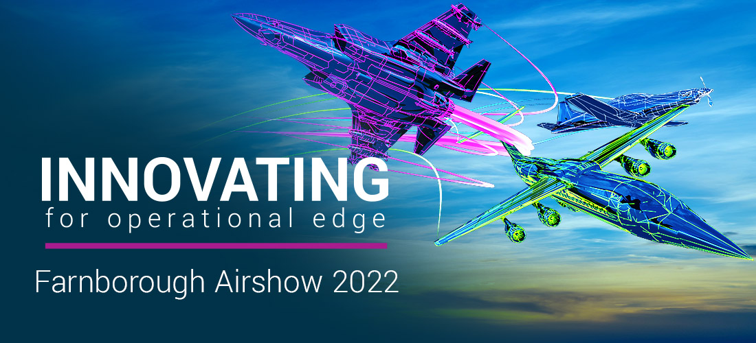 Banner for Farnborough International Airshow 2022 with slogan and aircraft in flight