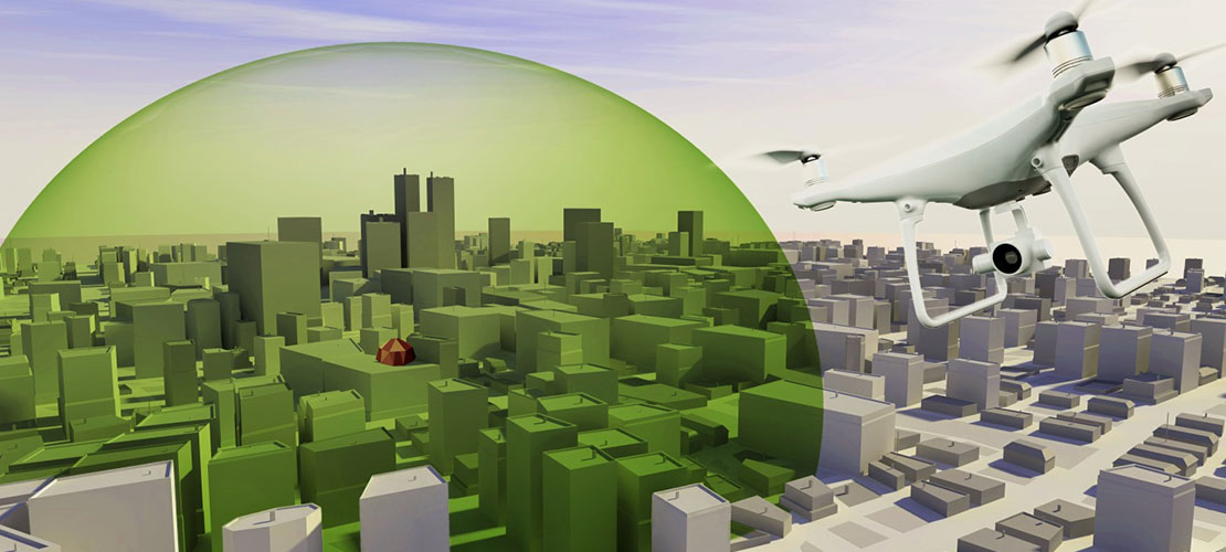 Obsidian Counterdrone Graphic depicting a drone or UAV flying outside of an exclusion zone dome in a 3D cityscape