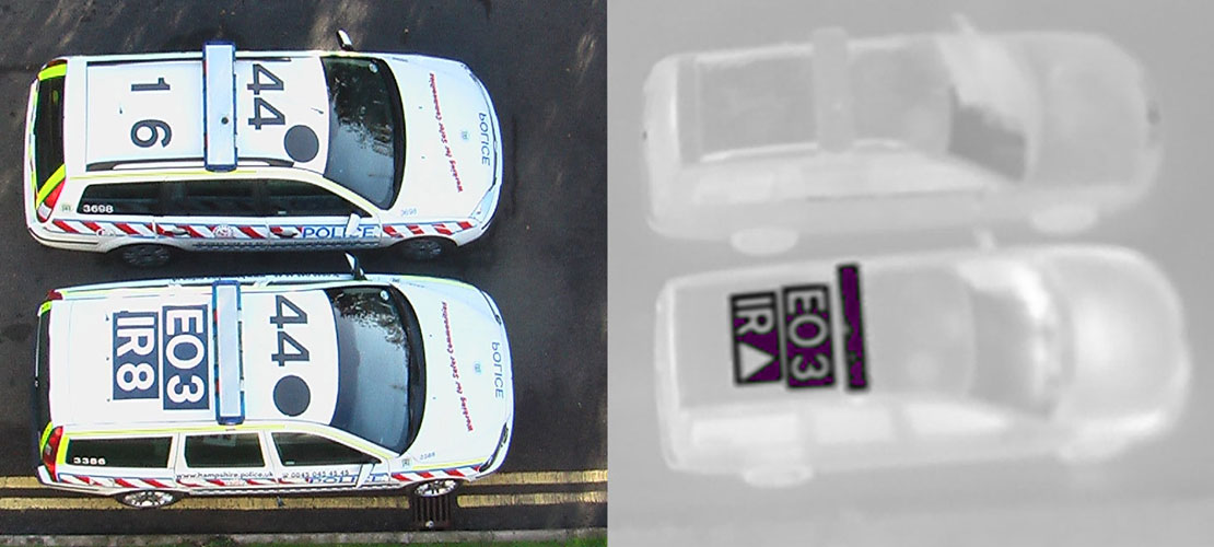 Mirage thermal ID showing two emergency vehicles overhead both during the day and with thermal imaging