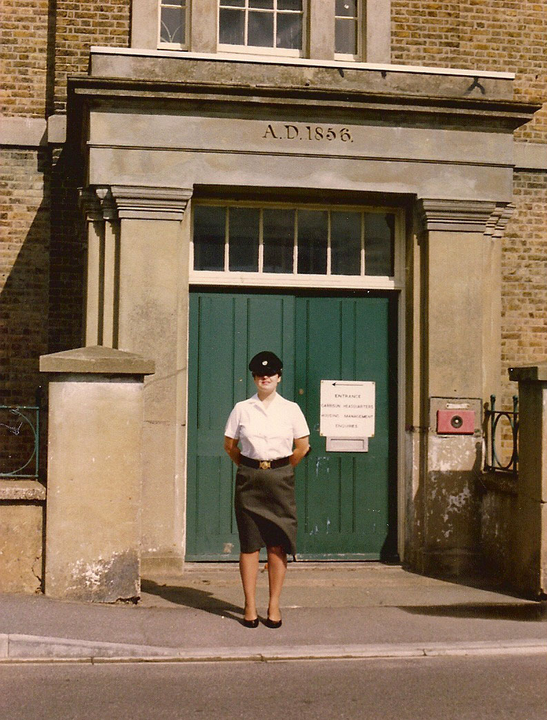 31 July 1986. After nearly 47 years, the last WRAC left. Medical Orderly Lance Corporal Randall outside the Barrack Hospital (Major AS Hill)