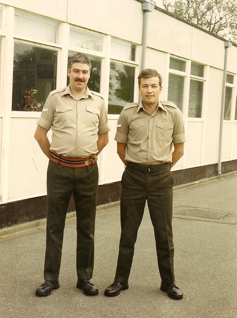 6 July 1987. After 138 years, the last Junior Ranks to leave. Lance Bombardiers Downes and Gosling outside the Military Wing Offices (Major AS Hill)